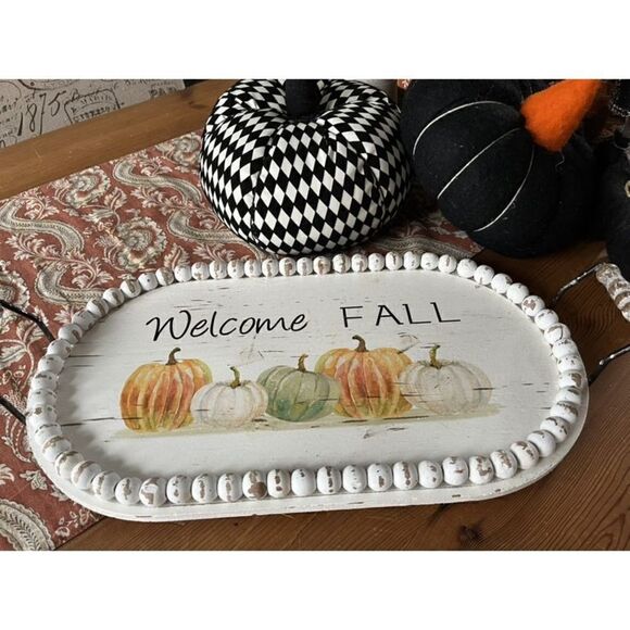 Welcome Fall Double Handled Chippy Wooden Tray 20” L Pumpkins - Picture 2 of 10
